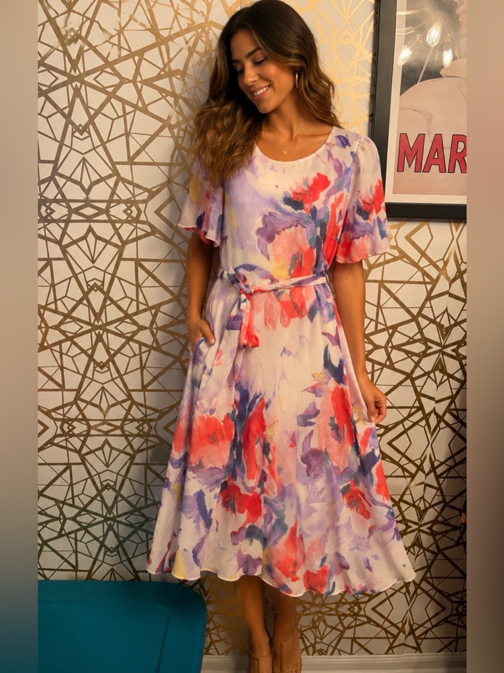 DKNY Apricot Painterly Floral Chiffon Midi Dress, Size 6